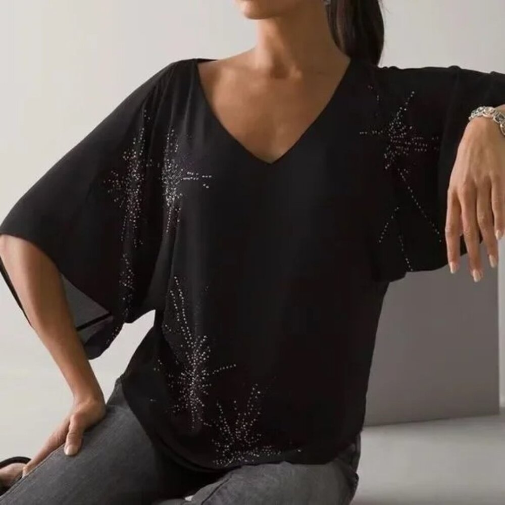WHITE HOUSE BLACK MARKET EMBELLISHED KIMONO SLEEVE BLOUSE XXS PARTY HOLIDAY - Picture 2 of 6